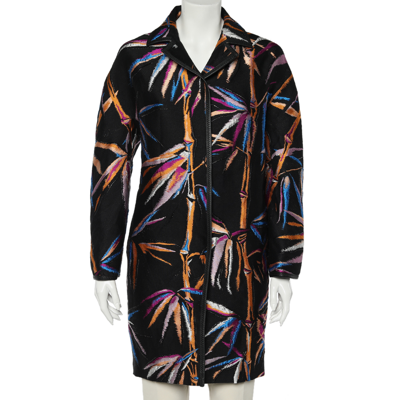 Pre-owned Emilio Pucci Black Leaf Jacquard Button Front Oversized Coat S