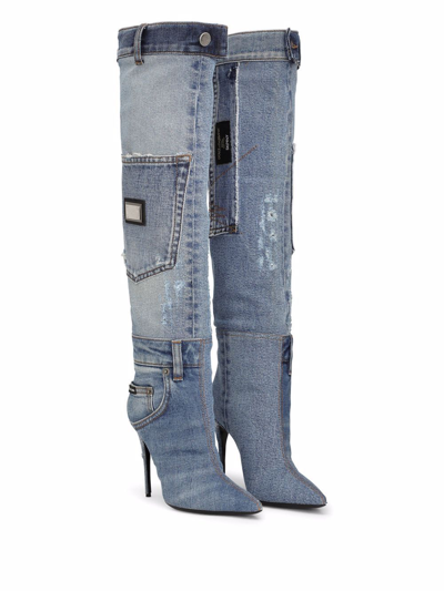 Shop Dolce & Gabbana Denim Patchwork Boots In Blue