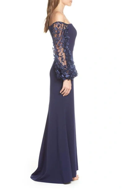 Shop Eliza J Off The Shoulder 3d Floral Sleeve Scuba Crepe Evening Dress In Navy