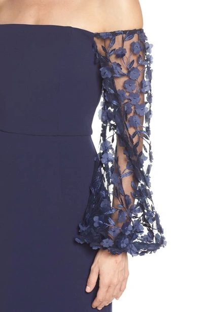 Shop Eliza J Off The Shoulder 3d Floral Sleeve Scuba Crepe Evening Dress In Navy