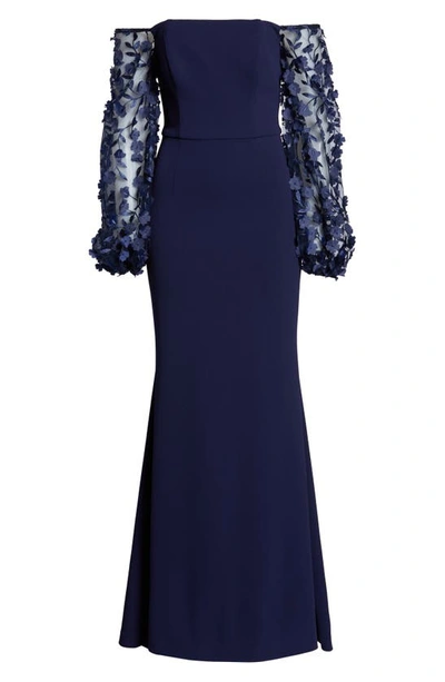 Shop Eliza J Off The Shoulder 3d Floral Sleeve Scuba Crepe Evening Dress In Navy