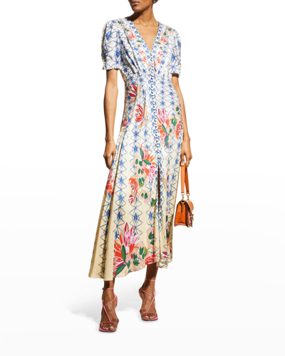 Shop Saloni Lea Printed Long Dress In Opal Trellis Plmt
