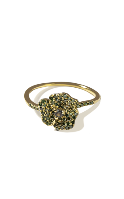 Shop As29 Bloom 18k Yellow Gold Diamond Mini Flower Ring In Green