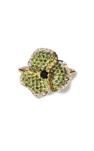 Shop As29 Bloom 18k Yellow Gold Diamond Small Flower Ring In Green