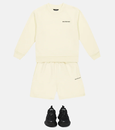 Shop Balenciaga Logo Cotton Shorts In Cream/black