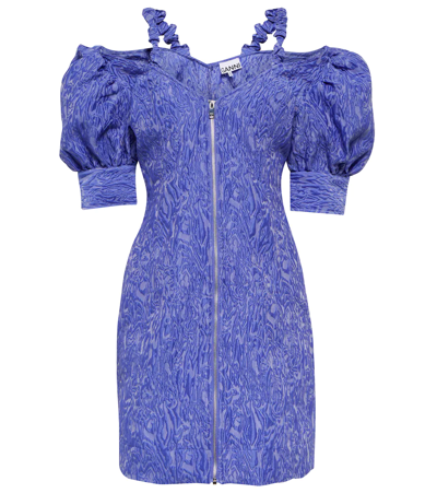 Shop Ganni Jacquard Puff-sleeve Minidress In Blue Iris