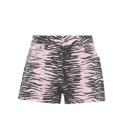 Shop Ganni Printed High-rise Denim Shorts In Tiger Stripe Light Lilac