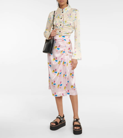 Shop Ganni Silk-blend Printed High-rise Midi Skirt In Floral Light Lilac