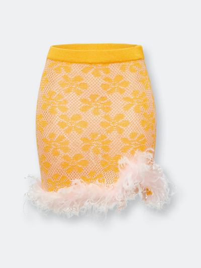 Shop Andreeva Mini Yellow Knit Skirt With Feather Details