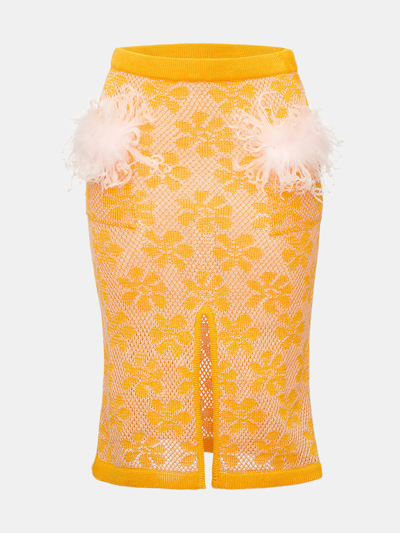 Shop Andreeva Yellow Knit Skirt With Feather Details