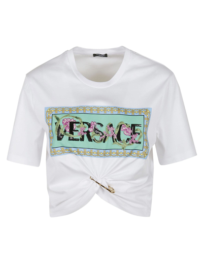 Shop Versace Pin Detail Logo Print T-shirt In White/multicolor