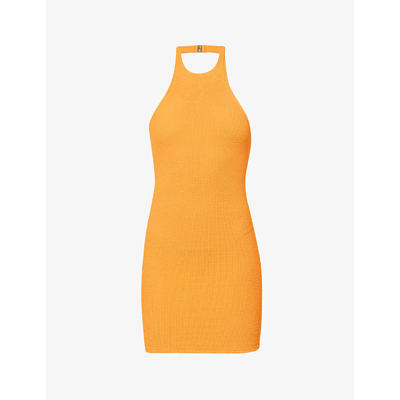 Shop Hunza G Polly Halterneck Stretch-knit Mini Dress In Mango Sorbet