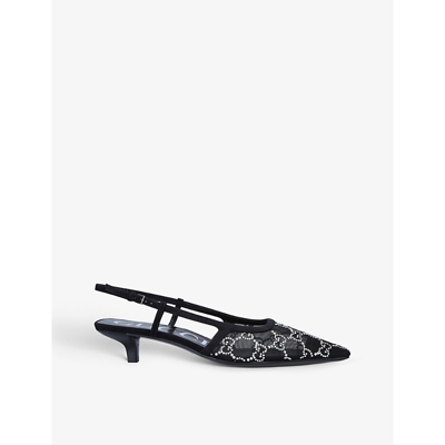 Shop Gucci Women's Black Tom Crystal-embellished Monogram Mesh Slingback Pumps