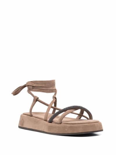 Brunello Cucinelli Ankle-tie Flatform Sandals In Brown