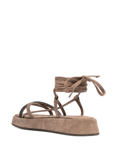 Brunello Cucinelli Ankle-tie Flatform Sandals In Brown
