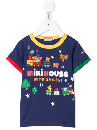 Shop Miki House Animal Train-print Appliqué T-shirt In Blue