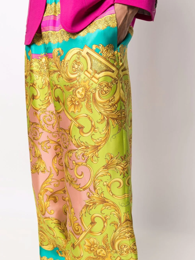 Shop Versace Baroque-print Palazzo Trousers In Yellow