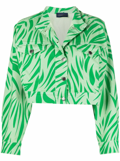 Shop Dependance Zebra-print Button-up Cropped Jacket In Green