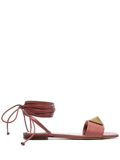 Shop Valentino Rockstud Gladiator Flat Sandals In Brown