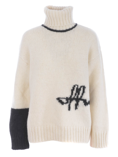 Shop Off-white Off White "logo Inlay" Sweater In Alpaca Wool Blend In Avorio/nero