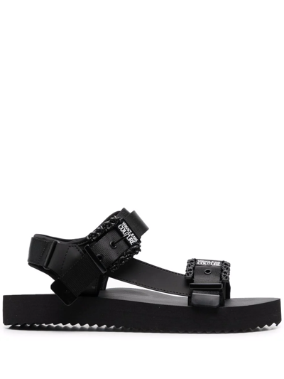 Shop Versace Jeans Couture Baroque Detail Double-strap Sandals In Black