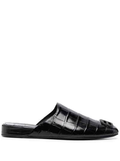 Shop Balenciaga Cosy Bb Crocodile-effect Mules In Black