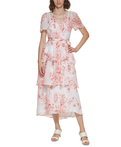 Shop Calvin Klein Floral-print Tiered Maxi Dress In Blush Multi