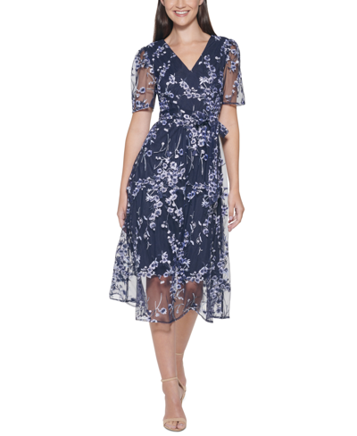Shop Kensie Faux-wrap Embroidery Midi Dress In Navy Multi