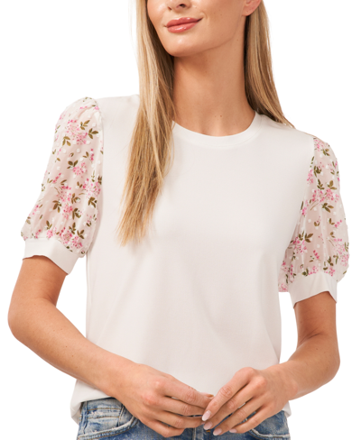 Shop Cece Women's Mixed Media Puff Sleeve Bouquet Knit Top In New Ivory