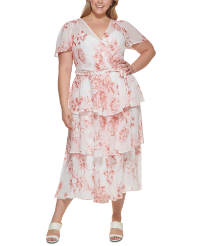Shop Calvin Klein Plus Size Floral-print Tiered Maxi Dress In Blush Multi