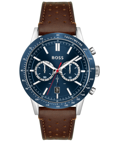 Shop Hugo Boss Boss Allure Men's Chronograph Brown Leather Strap Watch 44mm In Silver