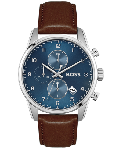 Shop Hugo Boss Men's Skymaster Chronograph Brown Leather Strap Watch 44mm In Silver