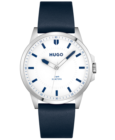 Shop Hugo First Men's Blue Leather Strap Watch 43mm In Silver