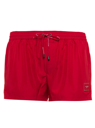 Shop Dolce & Gabbana Logo Detailed Drawstring Swim Shorts In Red