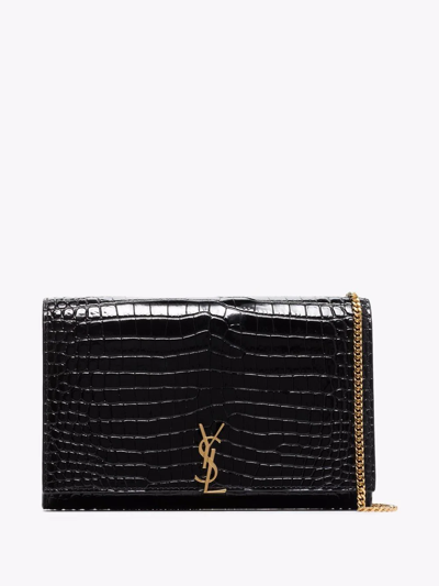 Shop Saint Laurent Crocodile-embossed Glossy Leather Crossbody Bag In Schwarz