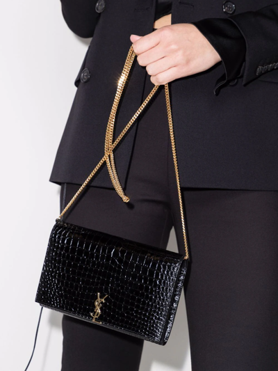 Shop Saint Laurent Crocodile-embossed Glossy Leather Crossbody Bag In Schwarz