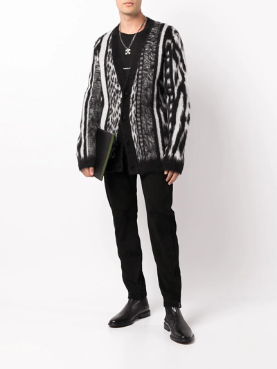 Shop Saint Laurent Patchwork Jungle-pattern V-neck Mohair Cardigan In Black