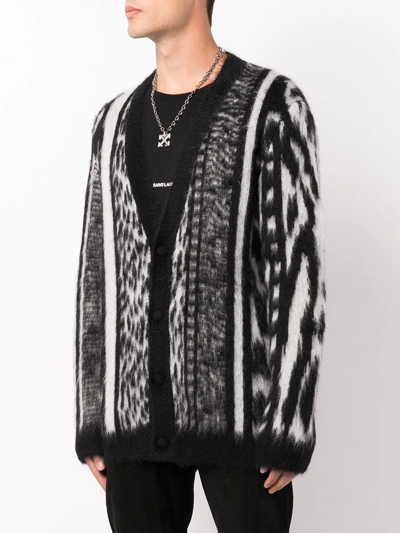 Shop Saint Laurent Patchwork Jungle-pattern V-neck Mohair Cardigan In Black