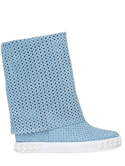 Shop Casadei 90mm Perforated Suede Wedge Sneakers, Light Blue