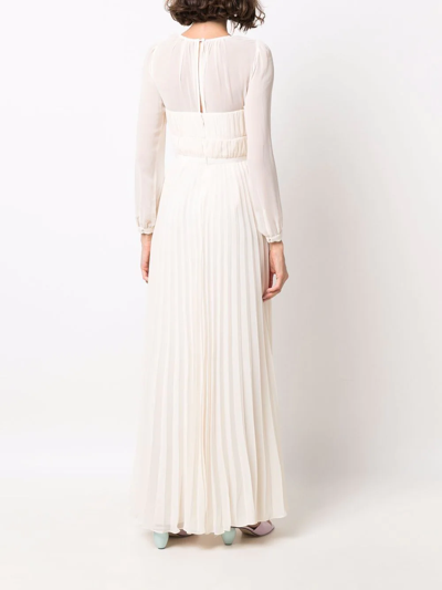 Shop Self-portrait Long-sleeve Pleated Gown In Nude