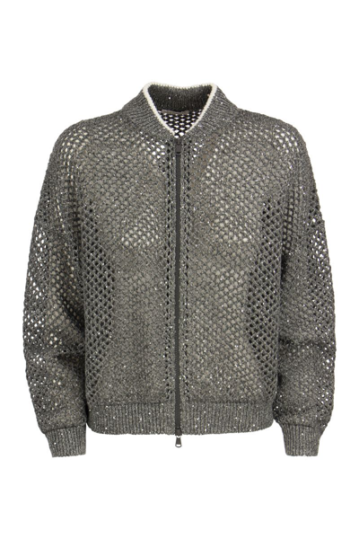 Shop Brunello Cucinelli Sparkling Mesh Bomber Style Linen And Cotton Cardigan In Plum