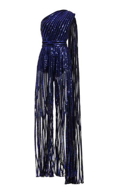 Shop Elie Saab Women's Embroidered Tulle Asymmetric Jumpsuit In Blue