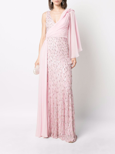 Shop Jenny Packham Aluna Sequin-embellished Draped Gown In Pink