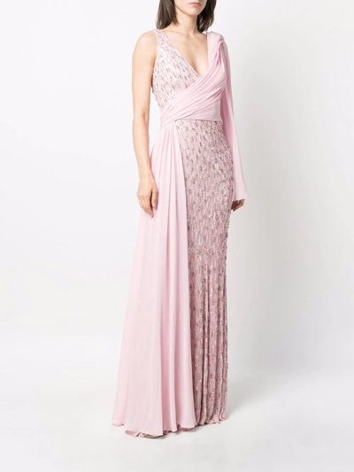 Shop Jenny Packham Aluna Sequin-embellished Draped Gown In Pink