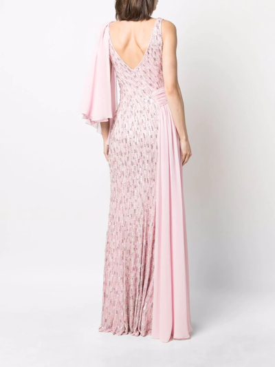 Shop Jenny Packham Aluna Sequin-embellished Draped Gown In Pink