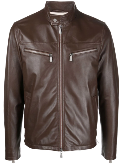 Shop Eleventy Zip-up Biker Jacket In Brown