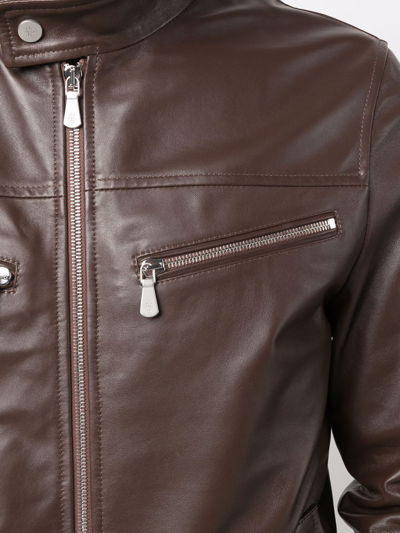 Shop Eleventy Zip-up Biker Jacket In Brown