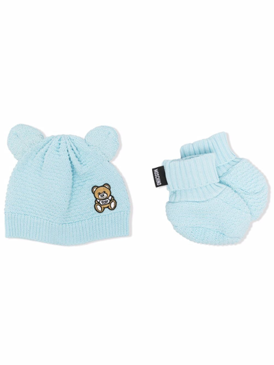 Shop Moschino Teddy Bear Beanie And Slippers Set In Blue