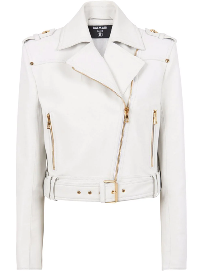 Shop Balmain Cropped Leather Biker Jacket In White