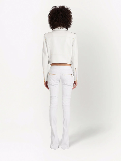 Shop Balmain Cropped Leather Biker Jacket In White